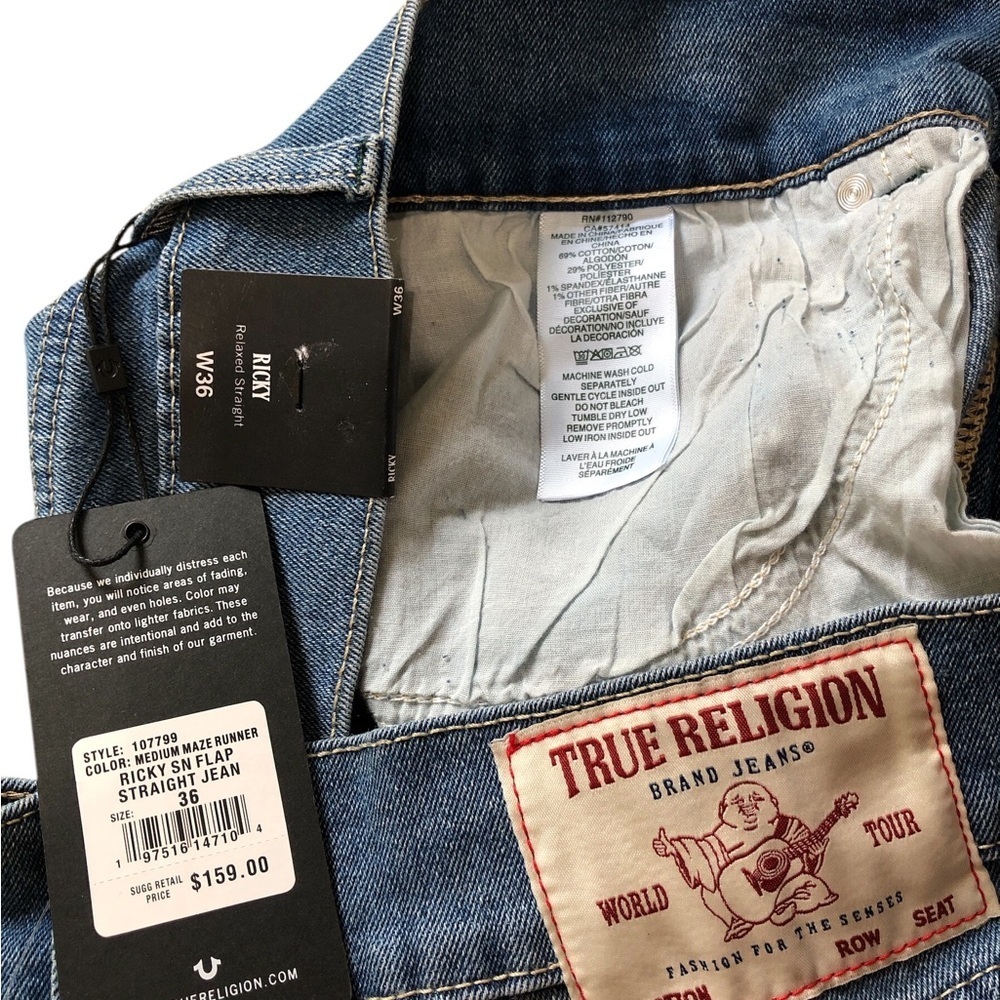 True Religion Men’s Ricky Big T Flap Jeans 36x33 Blue Maze Relaxed Straight NWT - Picture 8 of 8